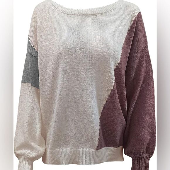 NWOT Women’s Cream Color Block Long Sleeve Lightweight Sweater - Size Medium - Picture 2 of 8